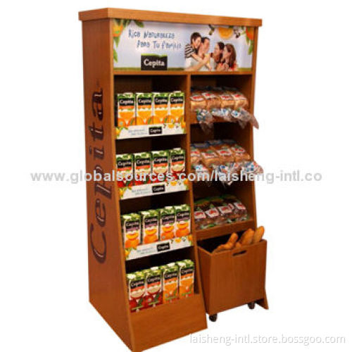 Wooden breakfast food snack juices bread display stand with shelves